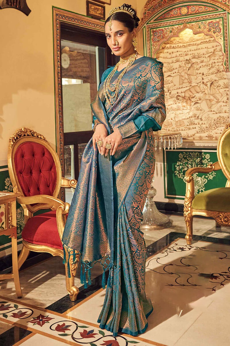 Ananta Teal Blue Kanjivaram Zari Weaving Silk Saree