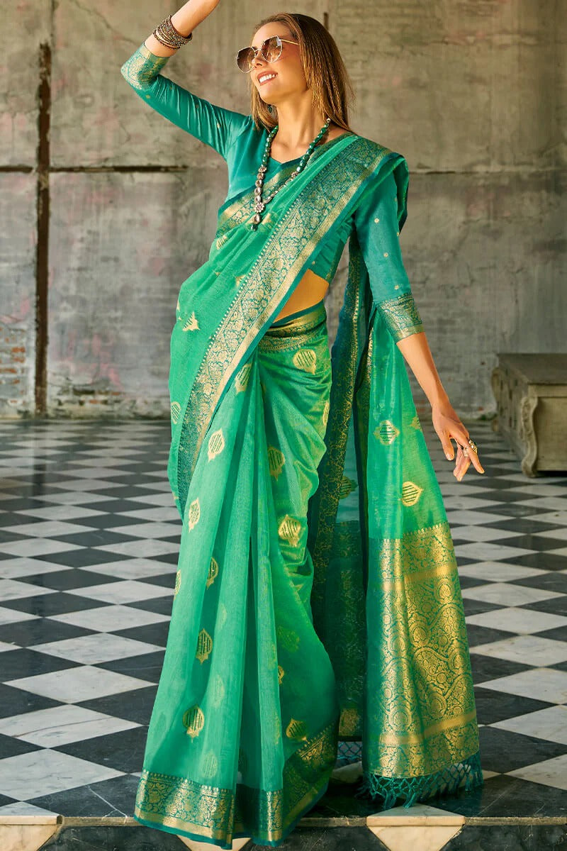 Zil Mystic Teal Banarasi Soft Tissue Silk Weaving Saree