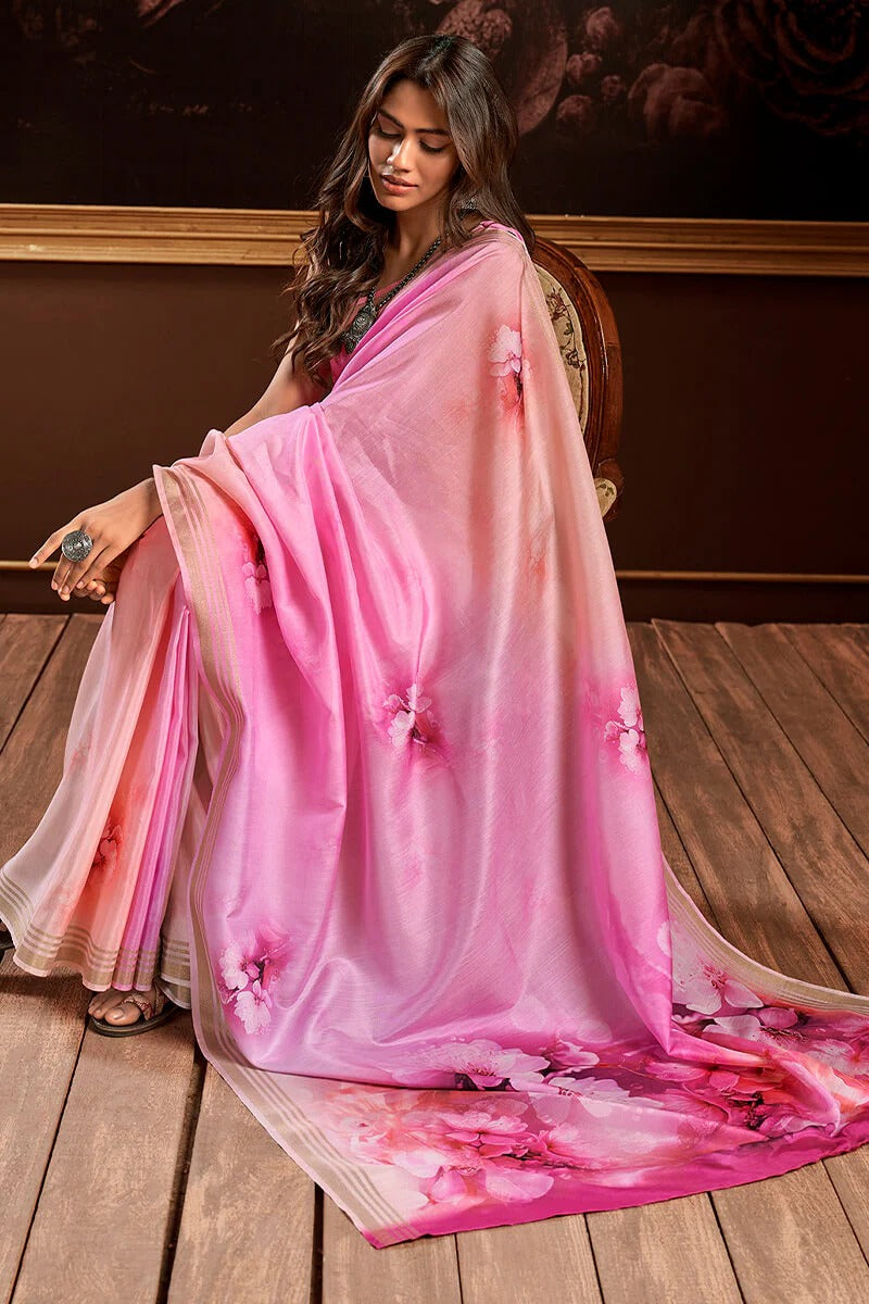 Gangotri Orchid Pink Soft Handloom Silk Floral Printed Saree