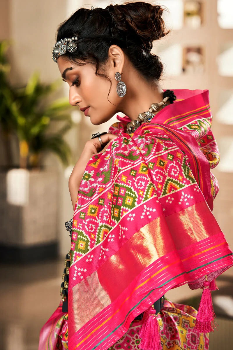 Bandhan Pink And Yellow Tusser Patola Silk Lagdi Pallu Saree