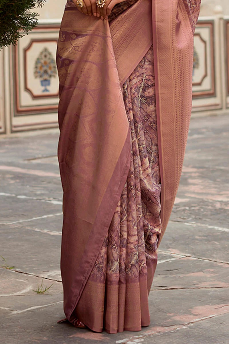 Kavisha Dusty Rose Nylon Crape Printed Silk Weaving Saree