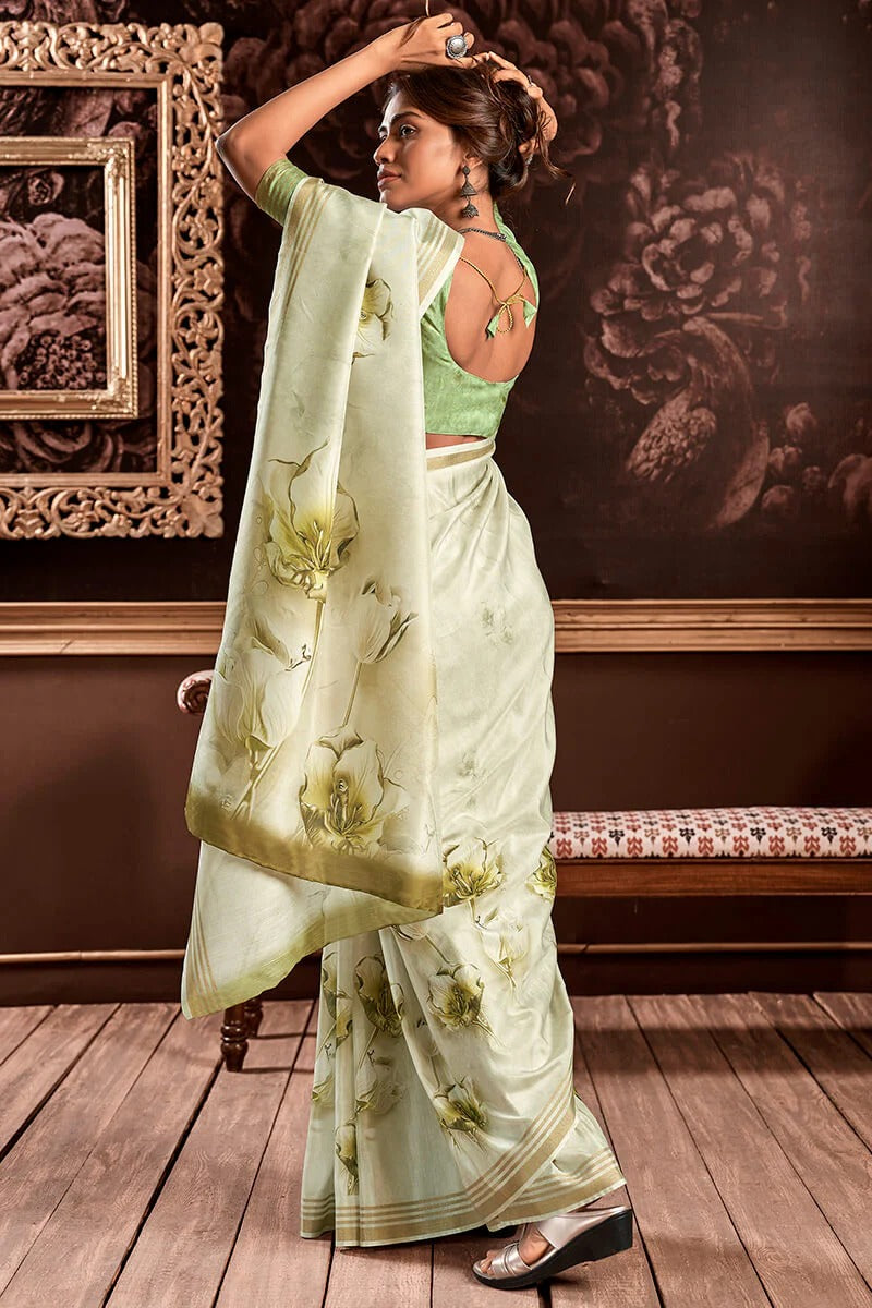 Gangotri Celery Green Soft Handloom Silk Floral Printed Saree