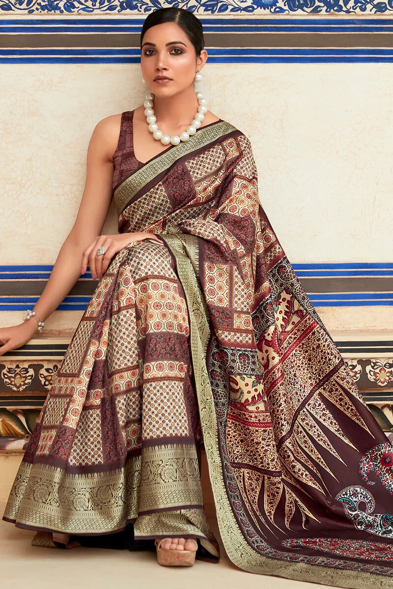 Saaria Burgundy Brown Dola Silk Printed Saree