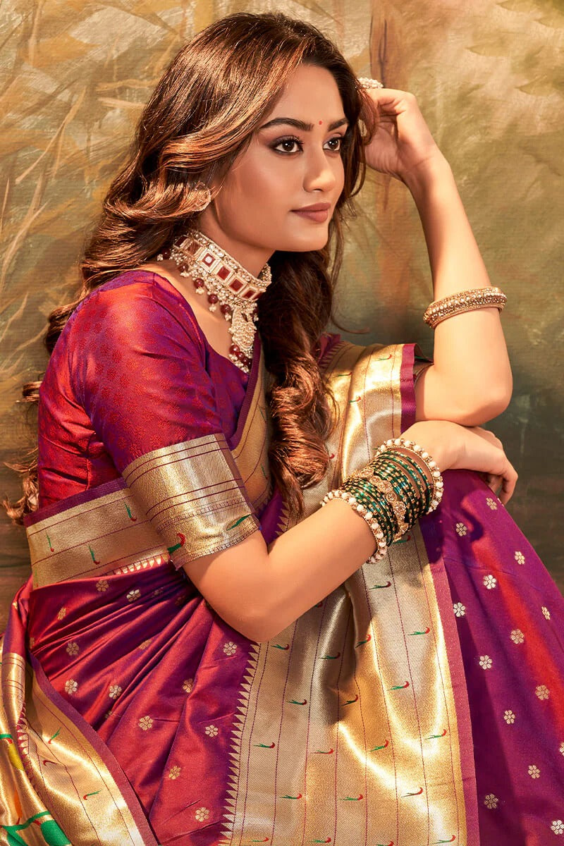 Pavitra Dark Ruby Pure Paithani Silk Zari Weaving Saree