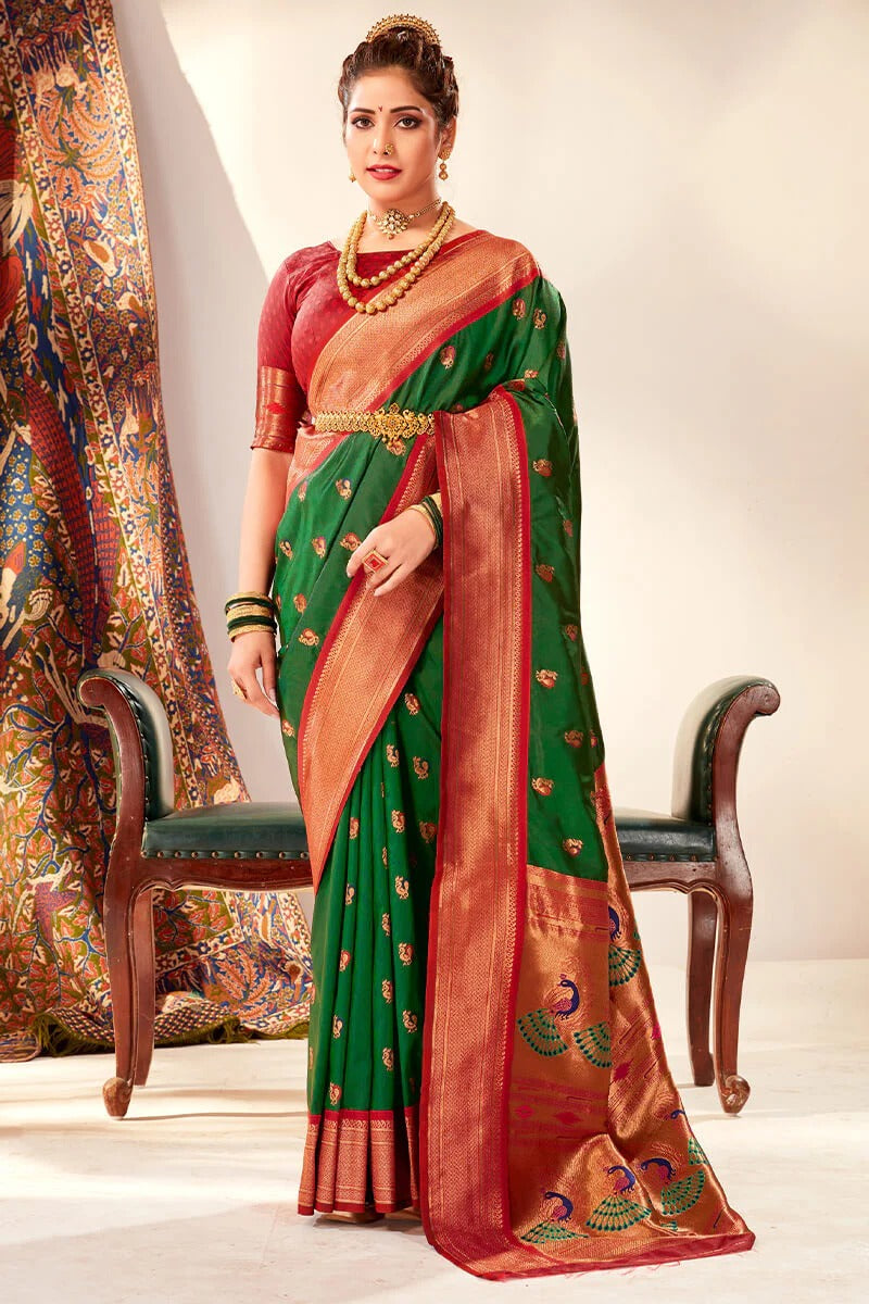 Apporva Combat Green Pure Soft Paithani Silk Weaving  Saree