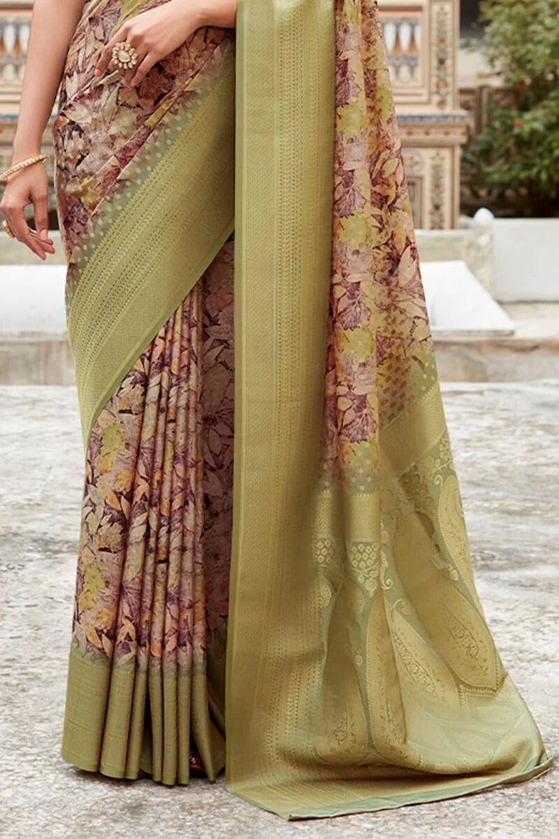 Kavisha Blush Brown Nylon Crape Printed Silk Weaving Saree