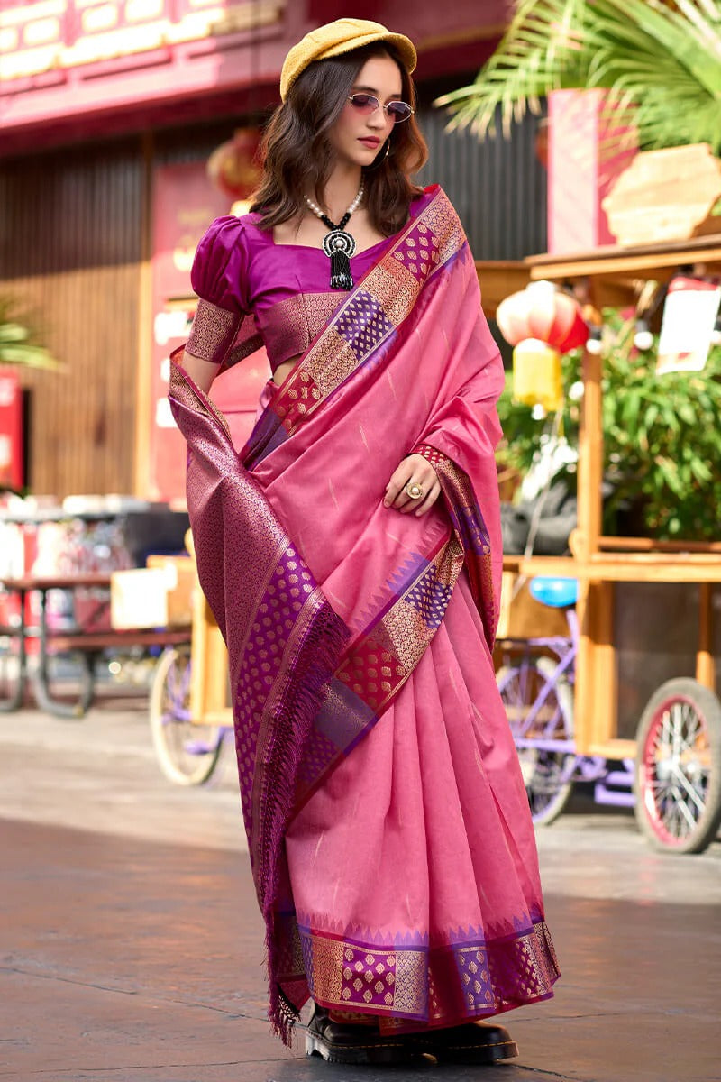 Rangoli Petal Pink Pure Soft  Banarasi Silk Weaving Saree
