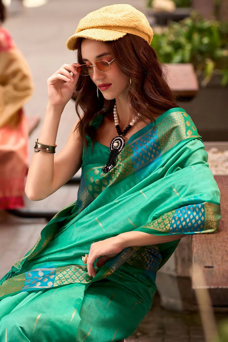 Rangoli Tidepool Green Pure Soft  Banarasi Silk Weaving Saree