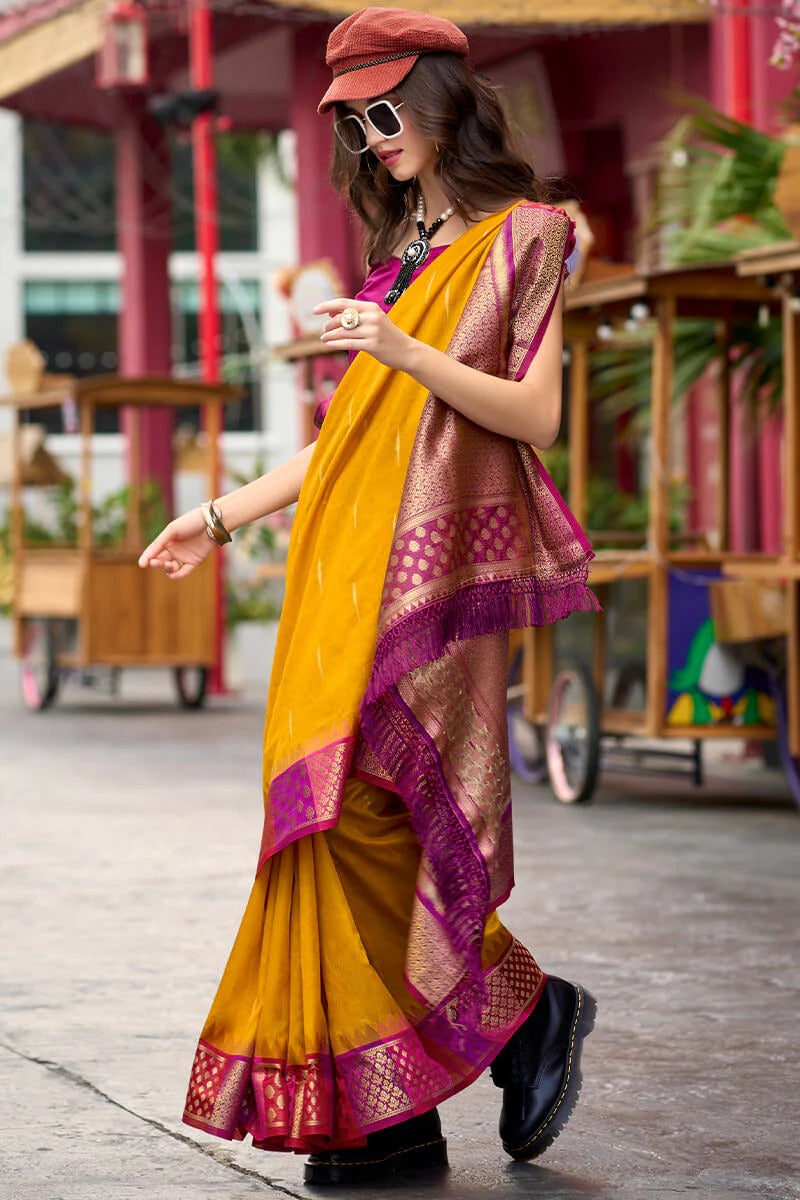 Rangoli Sunburst Yellow Pure Soft  Banarasi Silk Weaving Saree