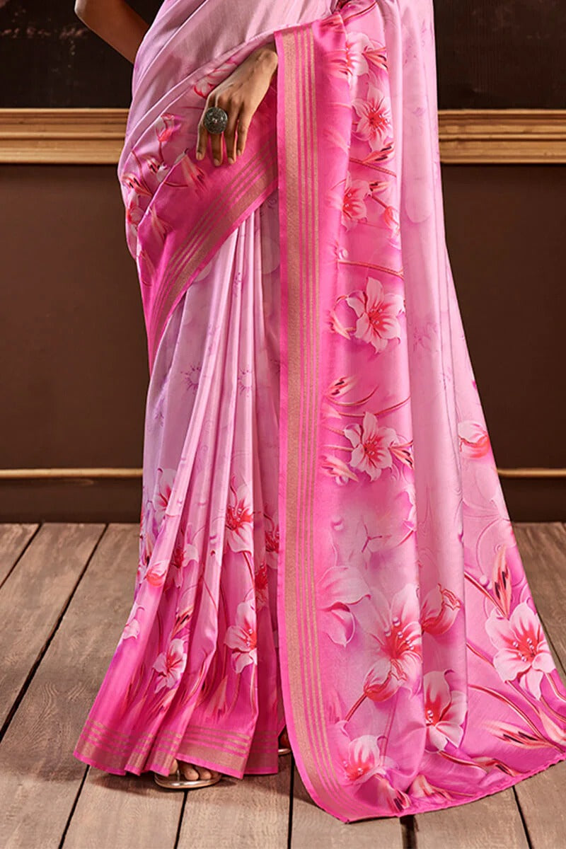 Gangotri Peachy Pink Soft Handloom Silk Floral Printed Saree