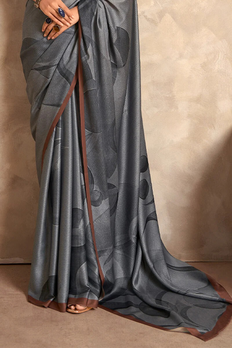 Jasmin Frost Slate Grey Soft Satin Silk Printed Saree