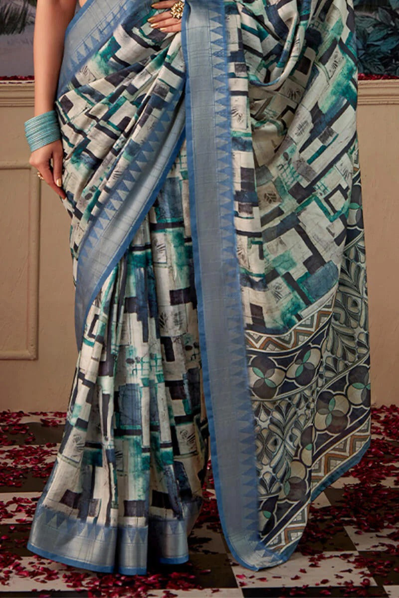 Shimoni Stormy Blue Tussar Silk Printed Saree