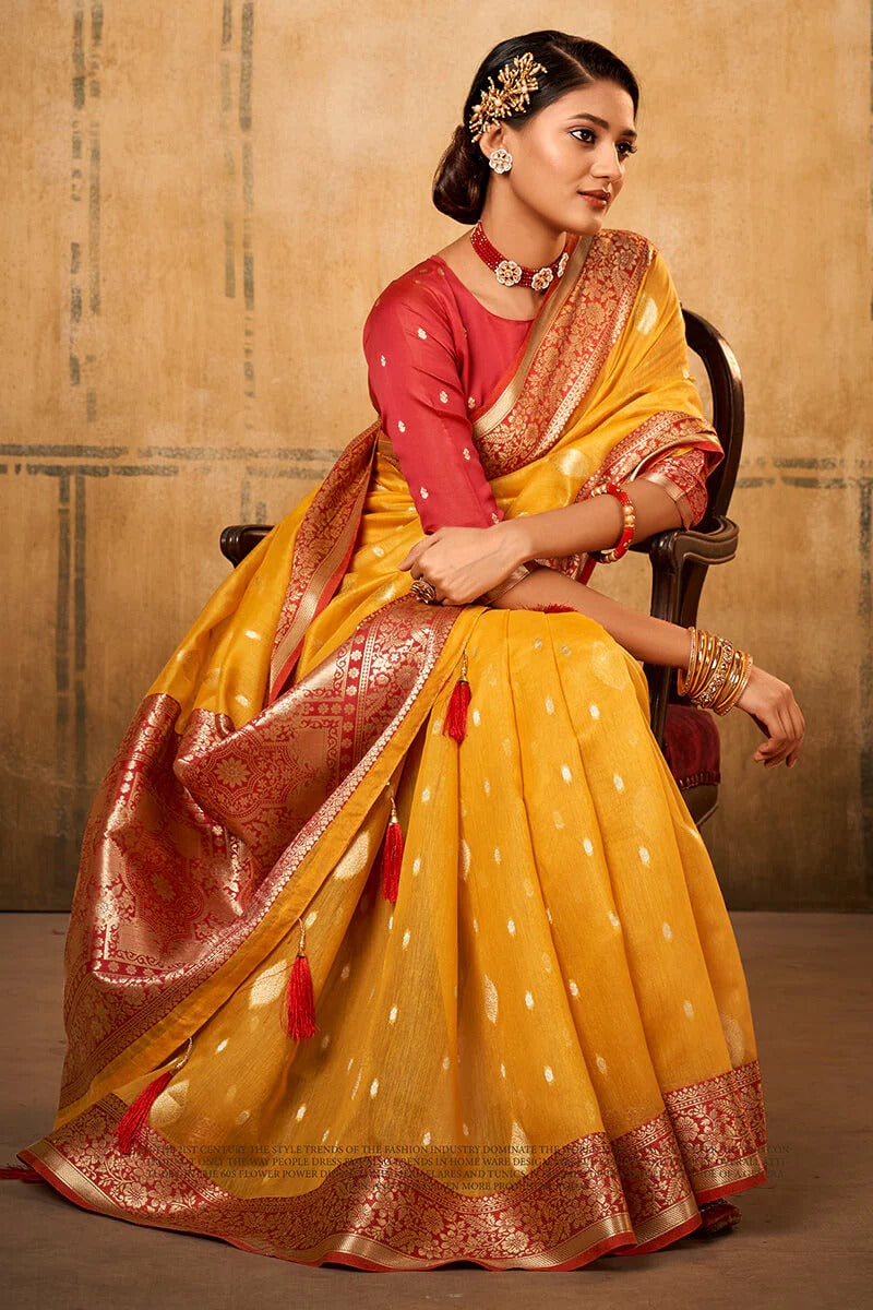 Petals Yellow Banarasi Tissue Silk Weaving Saree