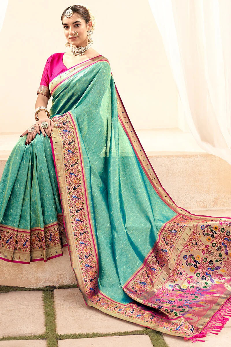 Lavnya Spring Green Pure Paithani Tissue Silk Weaving Saree