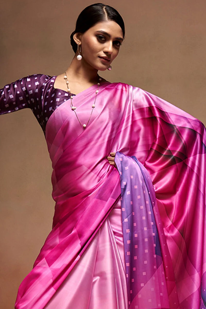 Bollywood Hot Pink Soft Satin Silk Printed Saree