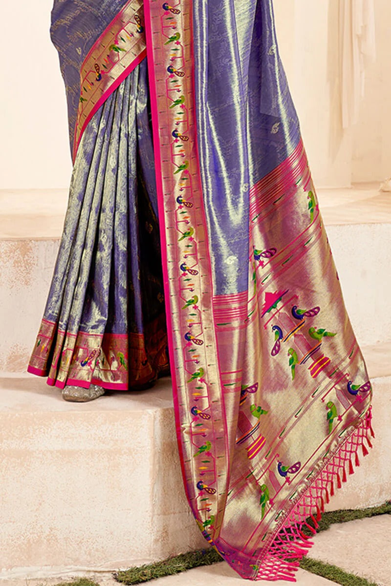 Mangalya Slat Blue Pure Paithani Tissue Silk Weaving Saree