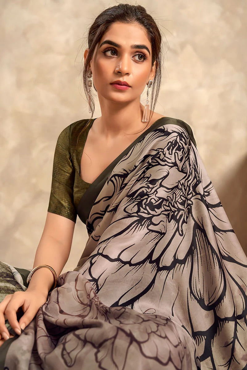 Winter Mocha Grey Soft Satin Silk Printed Saree