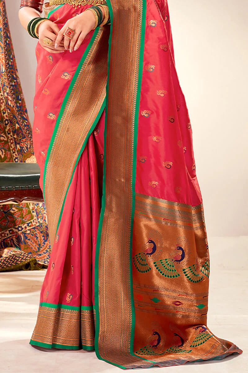 Apporva Citrus Pink Pure Soft Paithani Silk Weaving  Saree