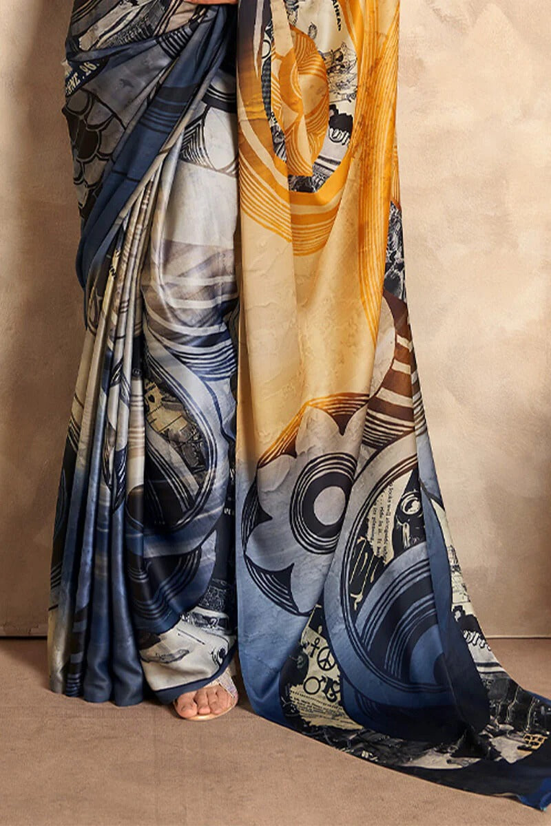Jasmin Frost Yellow And Blue Soft Satin Silk Printed Saree