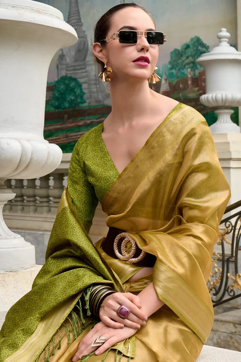Titan Golden Olive Pure Tissue Silk Weaving Saree