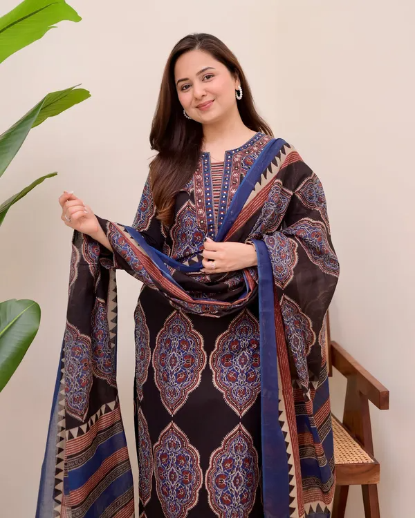Fairytale Black Cotton Ajrakh Printed Suit Set