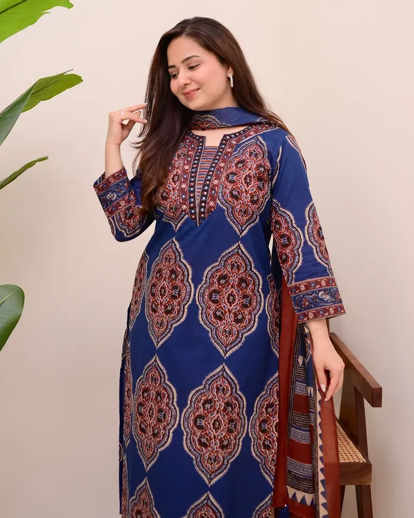 Deserving Royal Blue Cotton Ajrakh Printed Suit Set