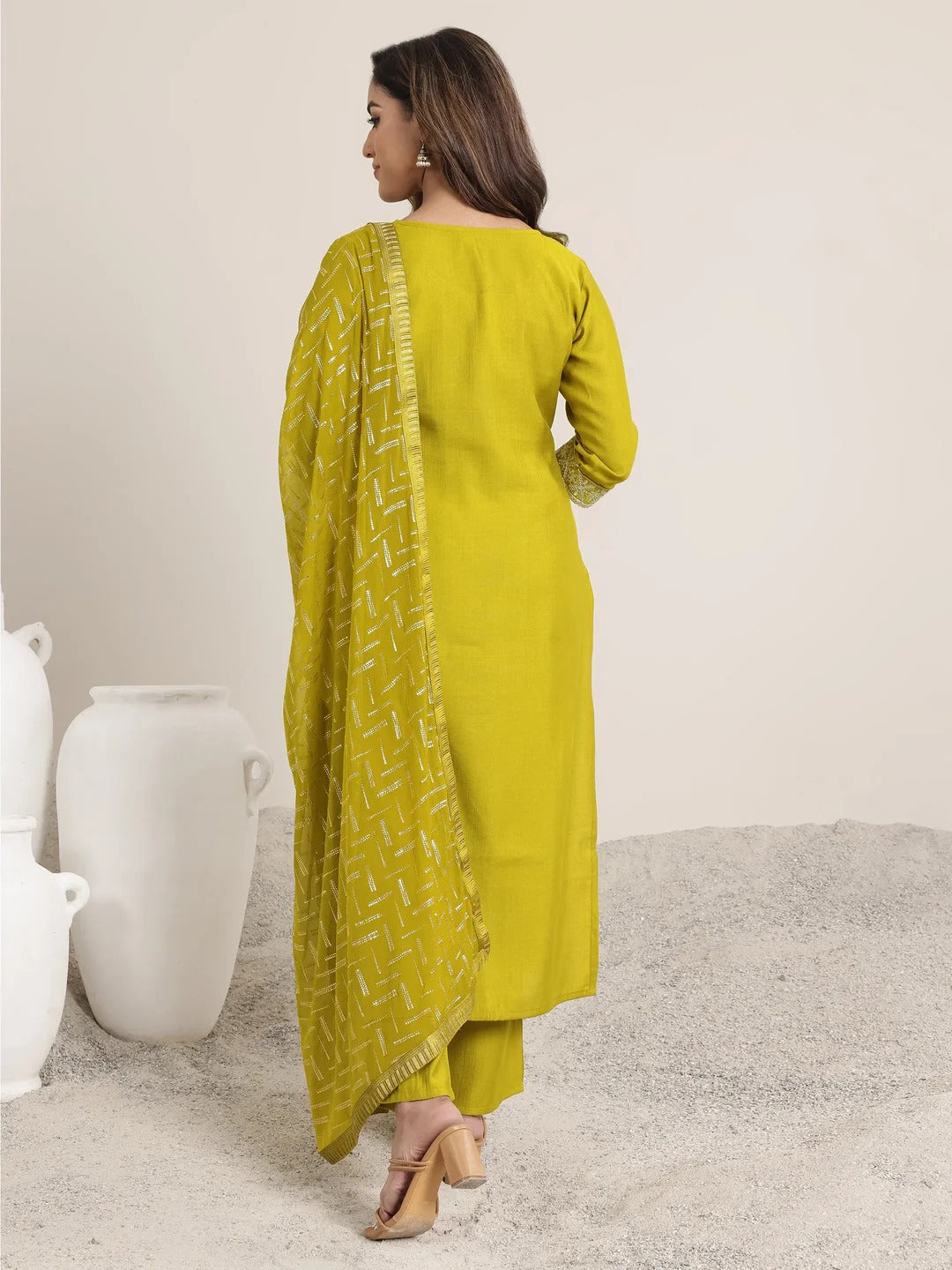 Groovy Mustard Rayon Silk Embroidery Work Suit Set