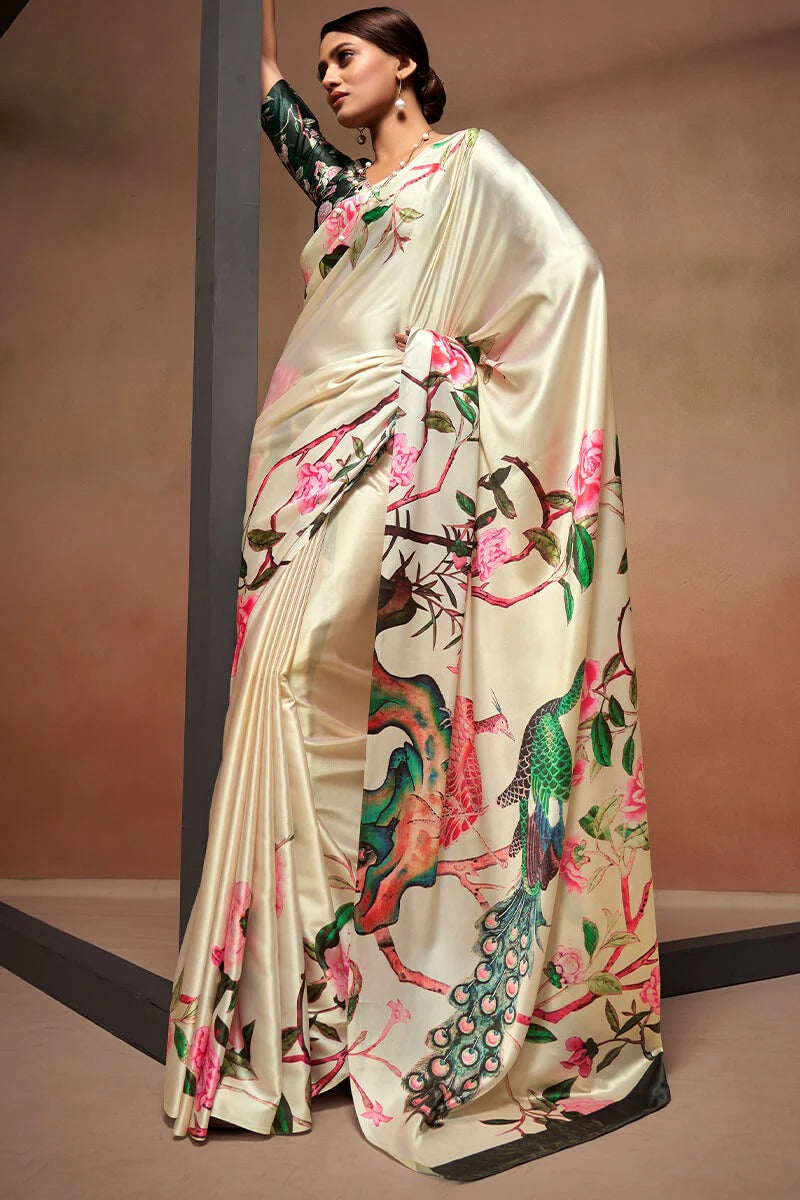 Bollywood Cream Soft Satin Silk Printed Saree
