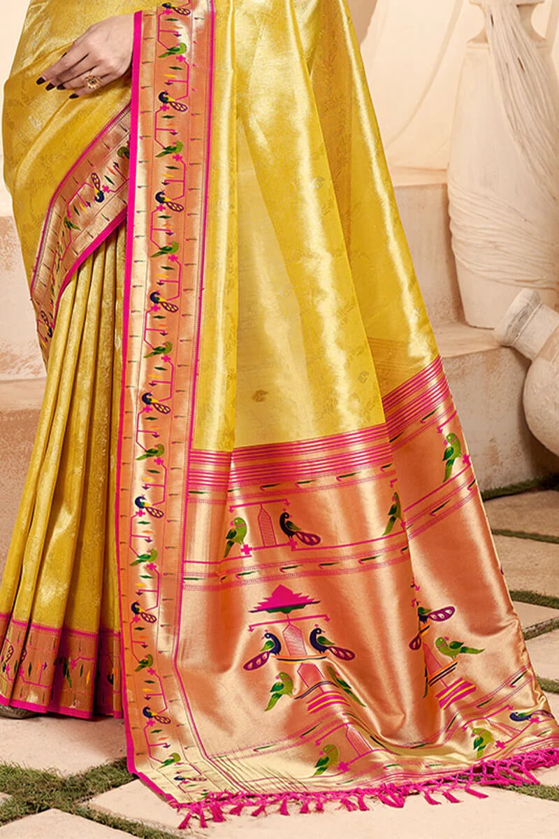 Mangalya Yellow Pure Paithani Tissue Silk Weaving Saree