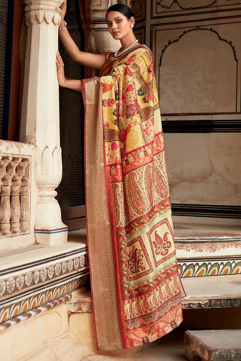 Saaria Yellow Dola Silk Printed Saree