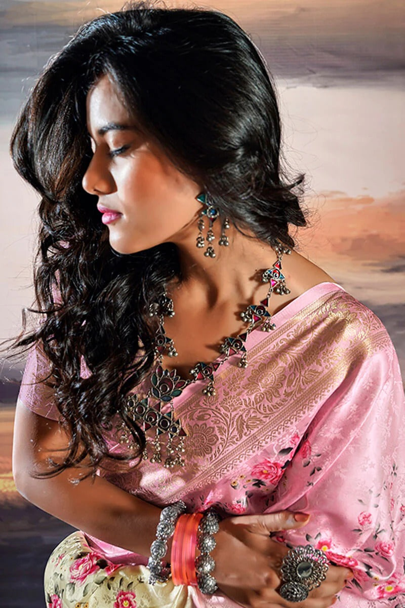 Pratishtha Petal Pink Pure Satin Silk Self Weaving Printed Saree