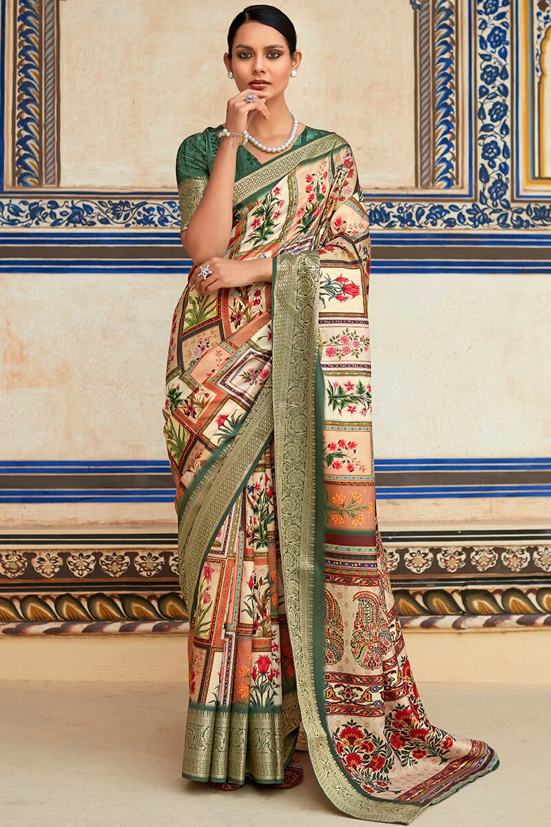 Saaria greenish Beige Dola Silk Printed Saree