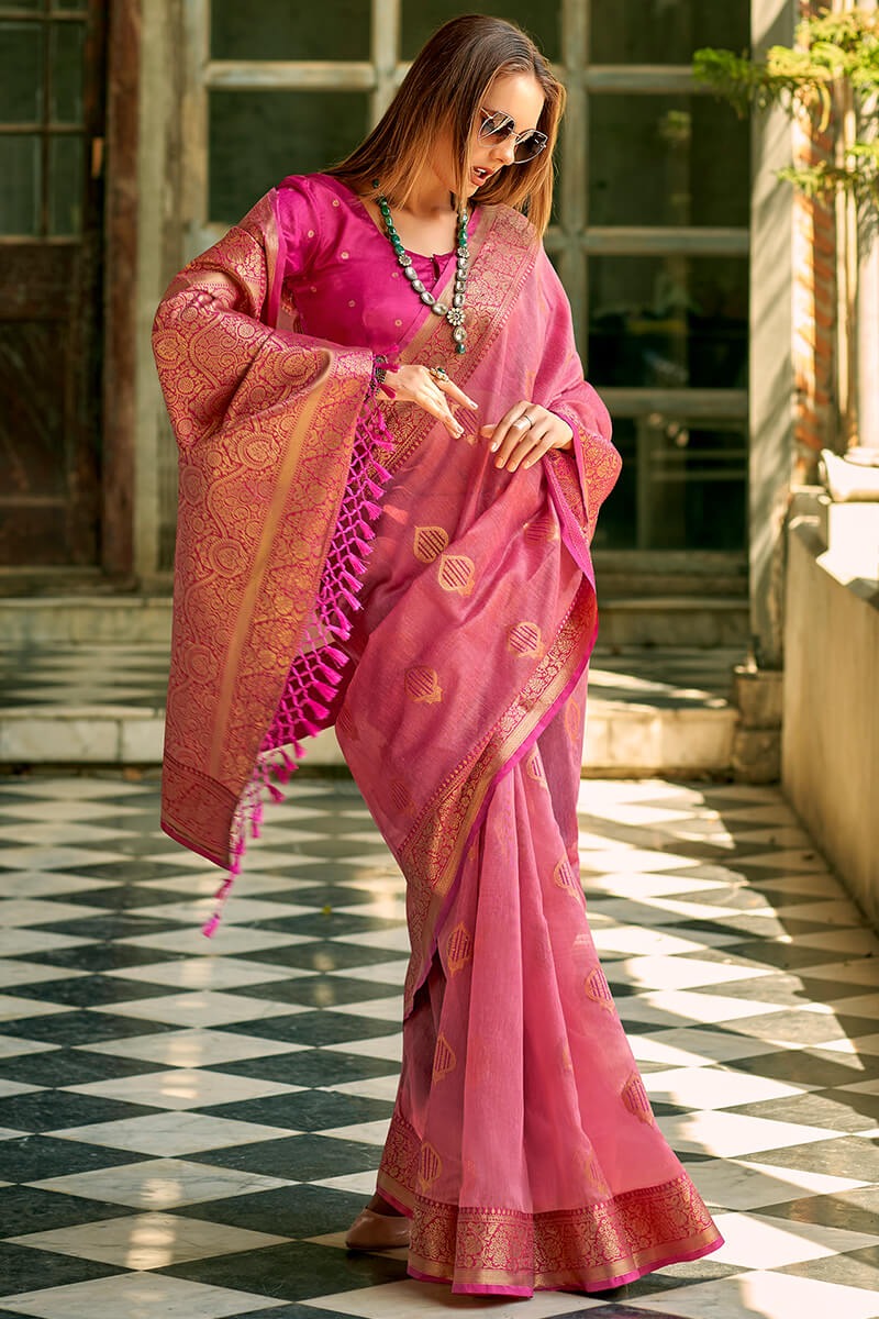 Zil Petal Pink Banarasi Soft Tissue Silk Weaving Saree