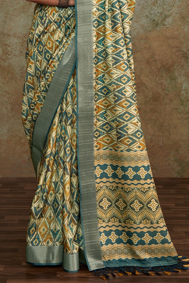 Ritika Pine Green Soft Silk Printed with Sequence Weaving Saree