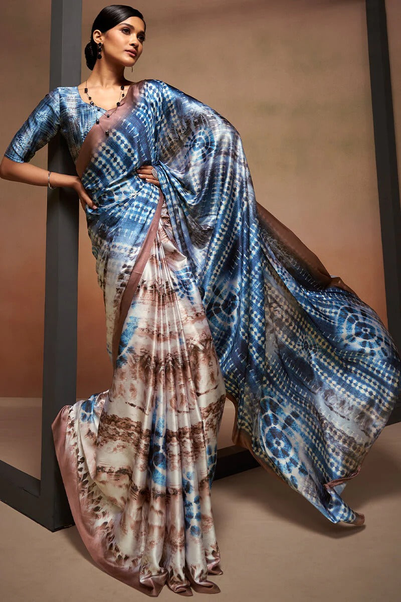Bollywood Blueish Brown Soft Satin Silk Printed Saree