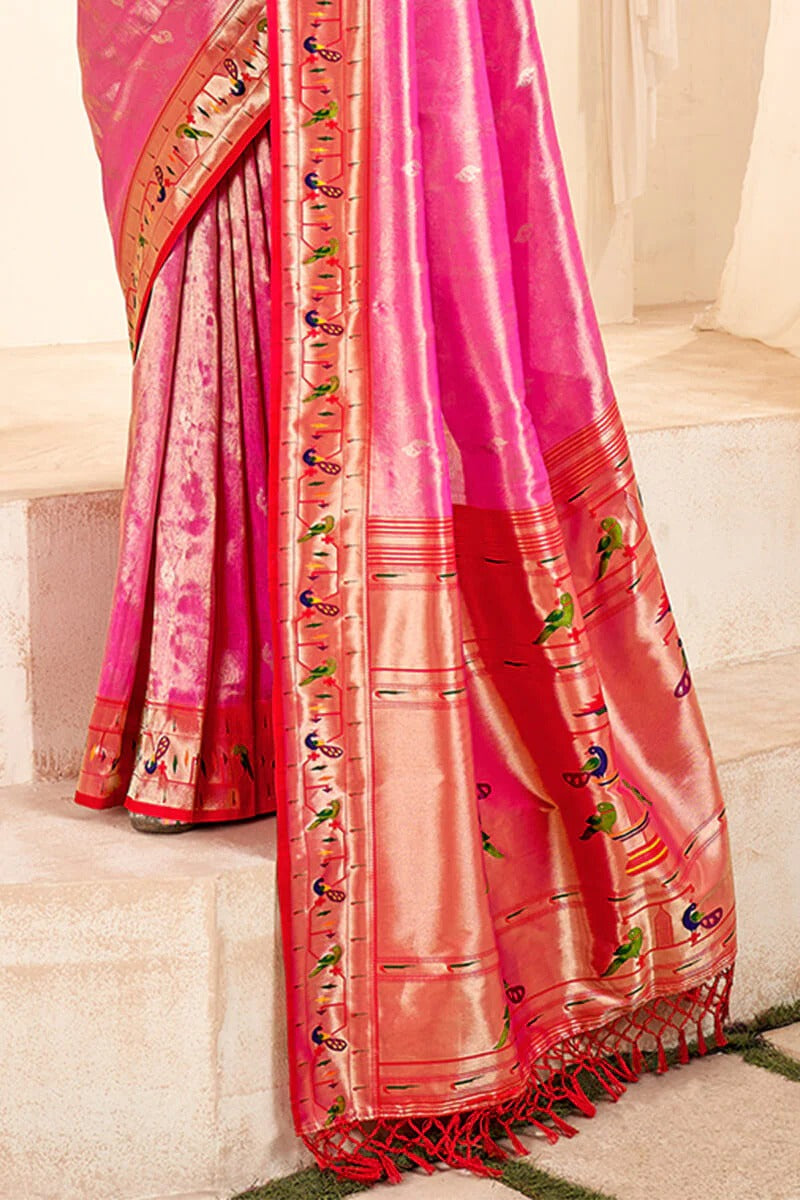 Mangalya Pink Pure Paithani Tissue Silk Weaving Saree