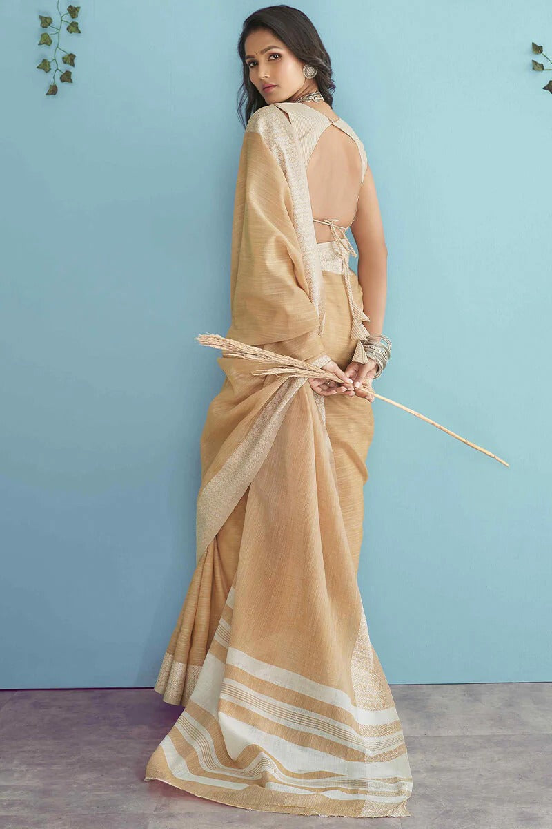 Aarzoo Beige Chikankari Linen Silk Weaved Saree