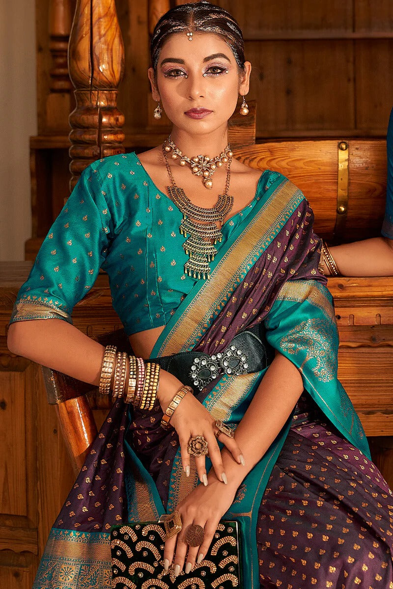 Vrishbha Plum Brown Soft Banarasi Silk Zari Weaving Saree