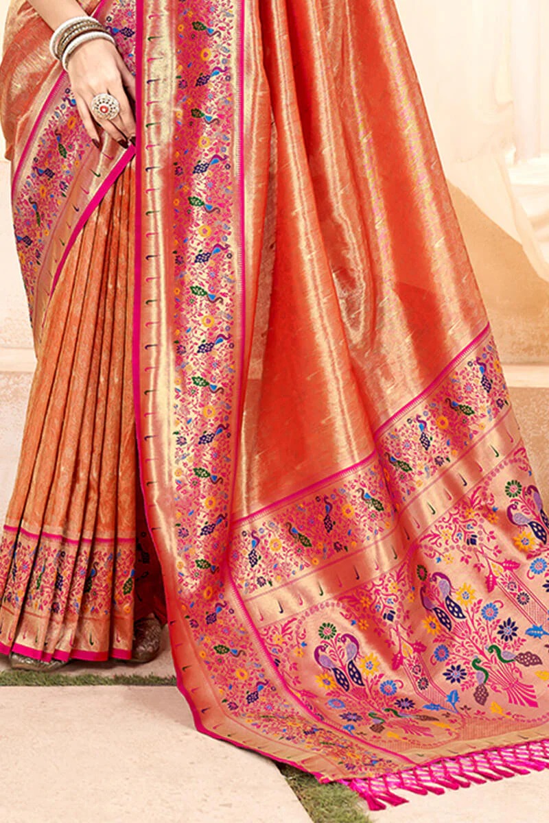 Lavnya Orange Pure Paithani Tissue Silk Weaving Saree