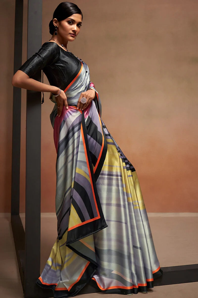 Bollywood Grey Soft Satin Silk Printed Saree