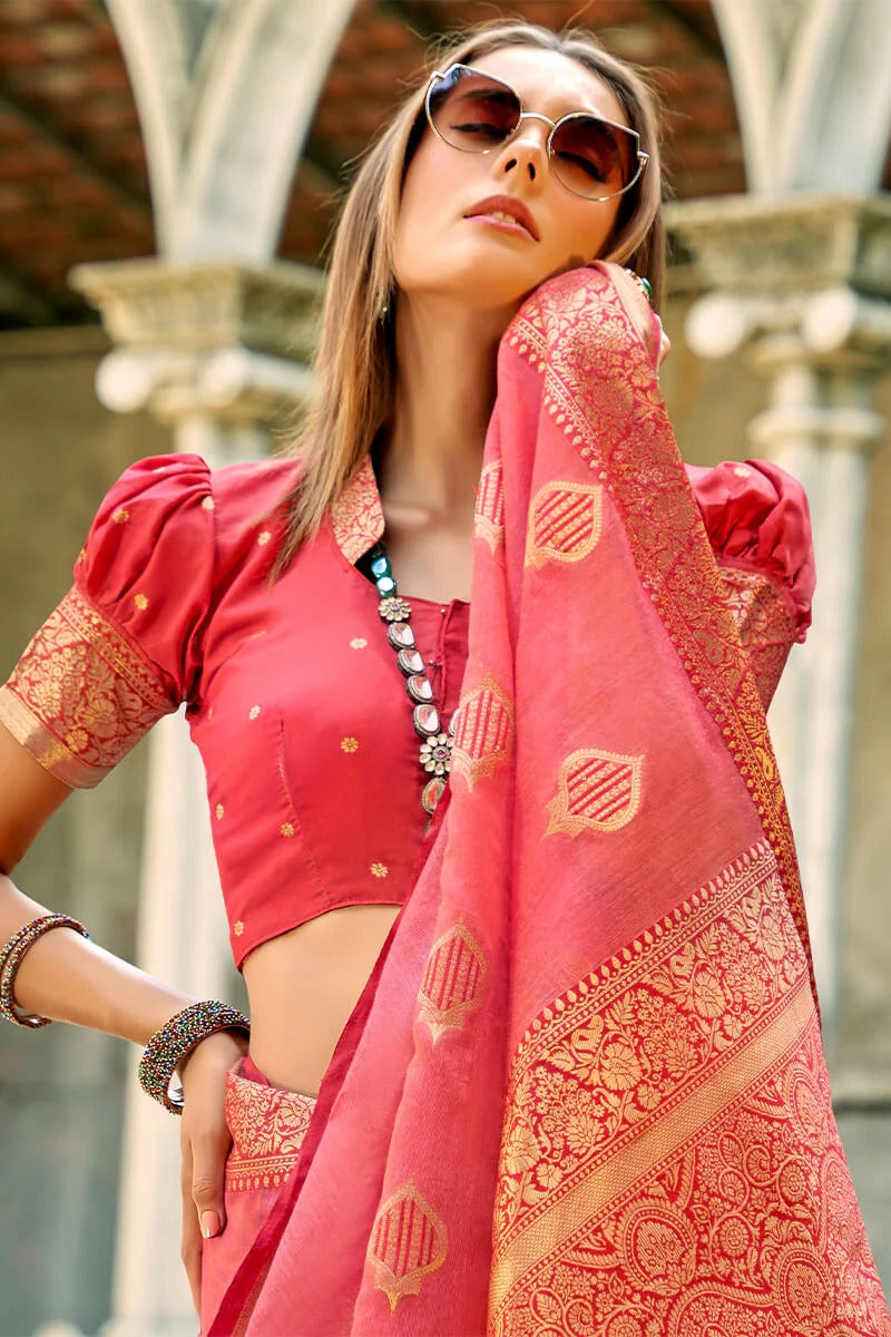 Zil Sunset Pink Banarasi Soft Tissue Silk Weaving Saree