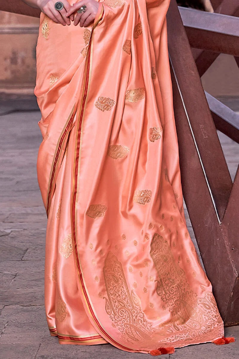 Neha Terra Peach Banarasi Satin Silk Weaving Saree