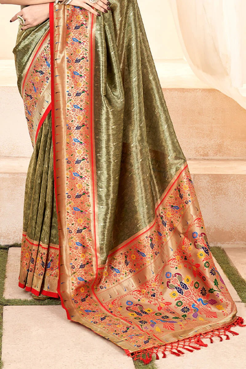 Lavnya Mud Brown Pure Paithani Tissue Silk Weaving Saree
