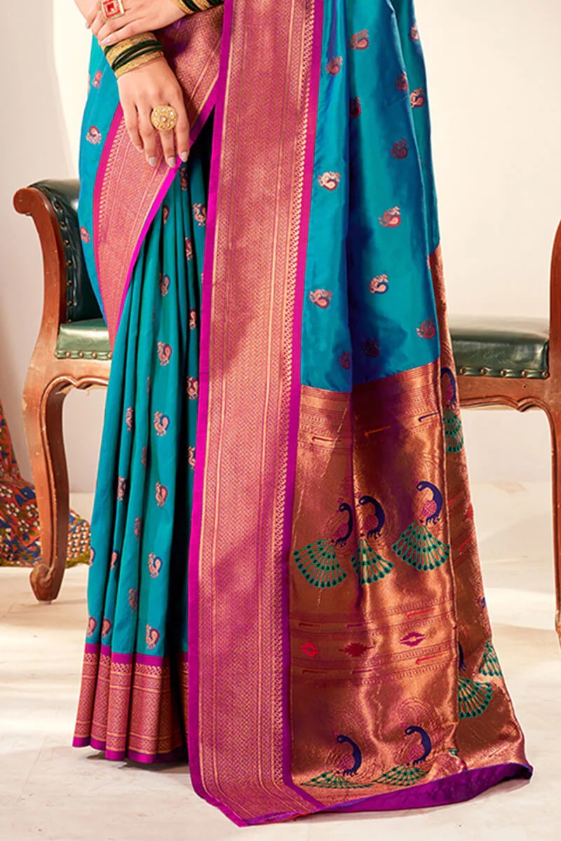 Apporva Costal Blue Pure Soft Paithani Silk Weaving  Saree