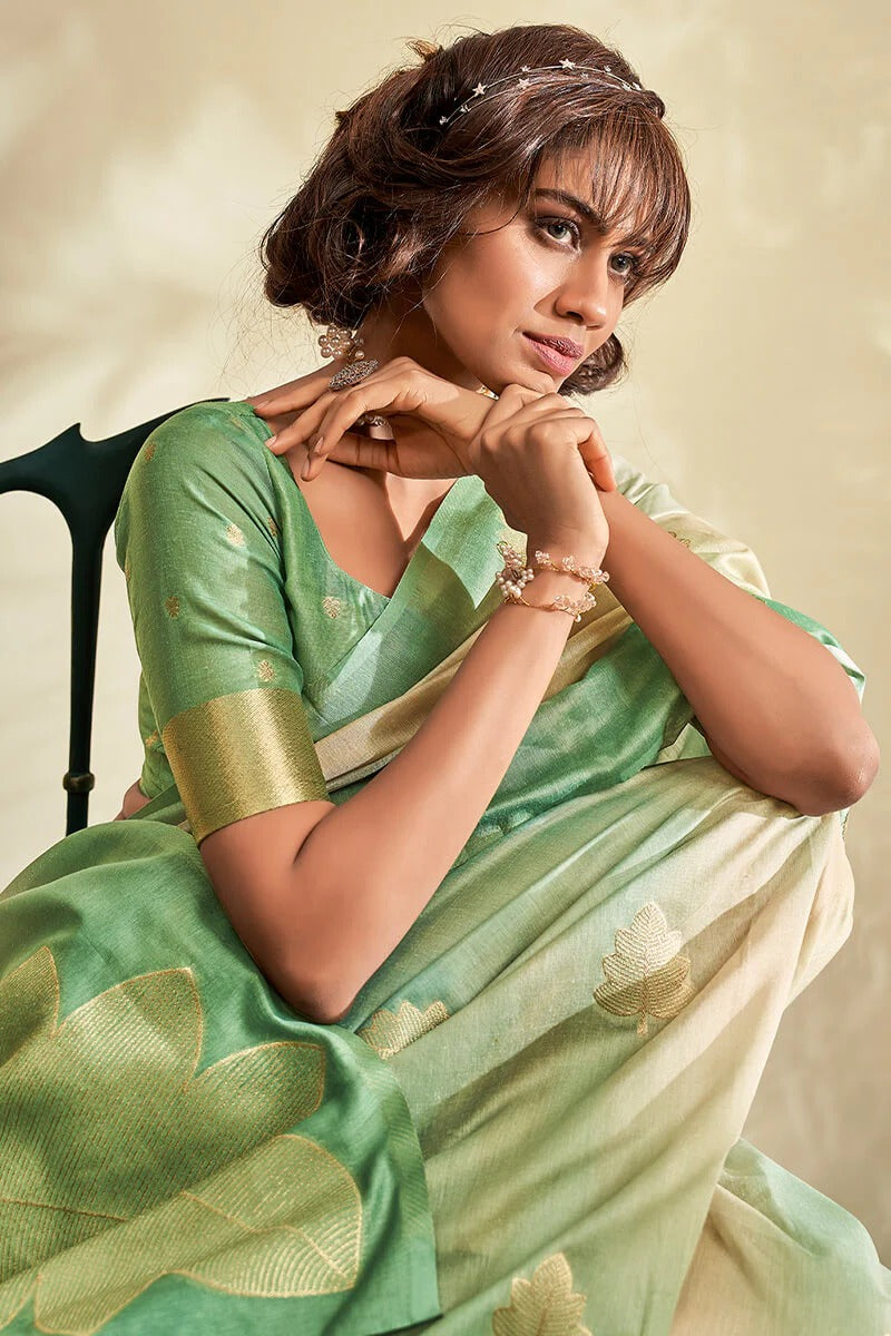Asopalava Moss Green Pure Handloom Khadi silk Printed Saree