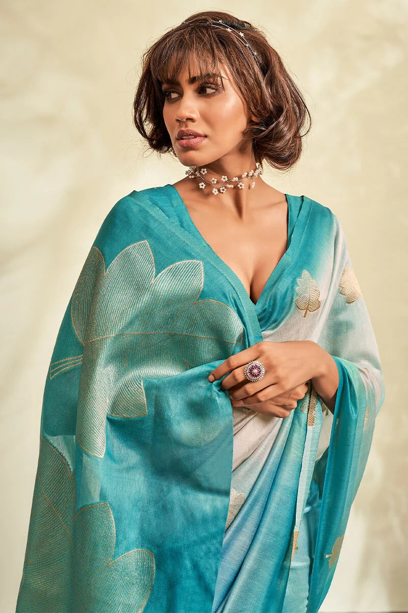 Asopalava Powder Blue Pure Handloom Khadi silk Printed Saree