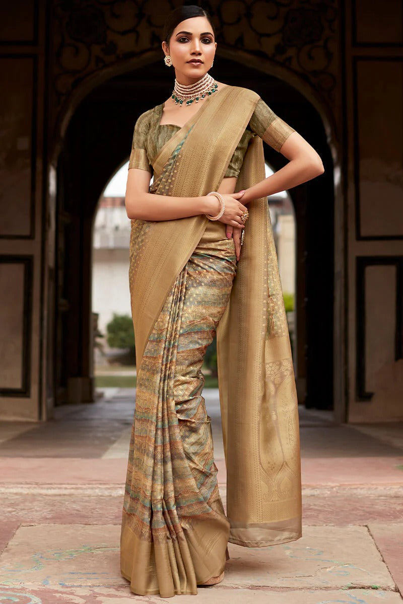 Kavisha Brown Nylon Crape Printed Silk Weaving Saree