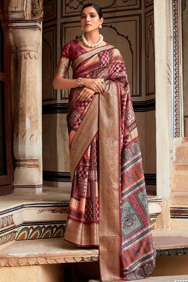 Saaria Wine Dola Silk Printed Saree
