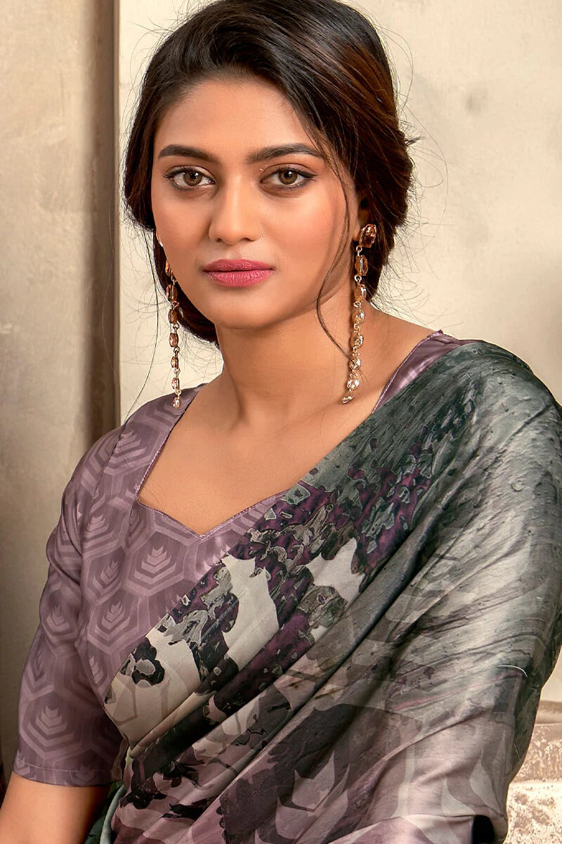 Winter Blackies Lavender Soft Satin Silk Printed Saree