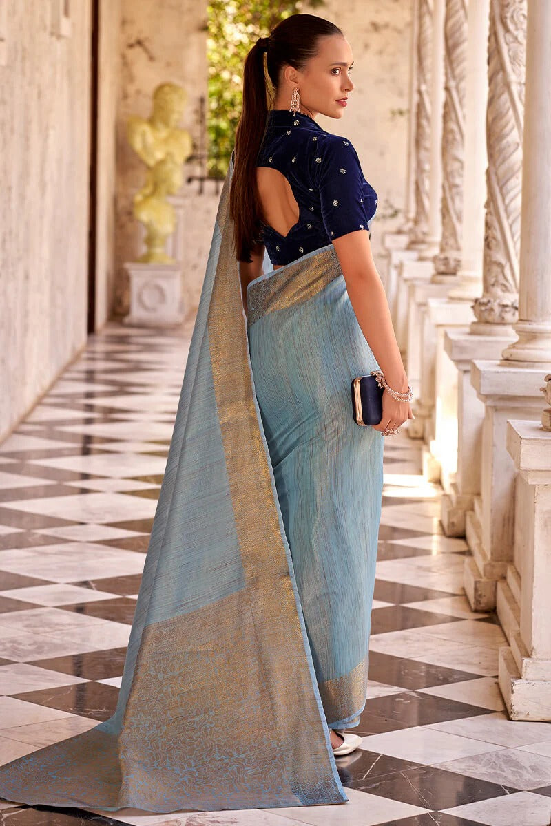 Rupa Dusty Blue Tissue Linen Silk Woven Saree